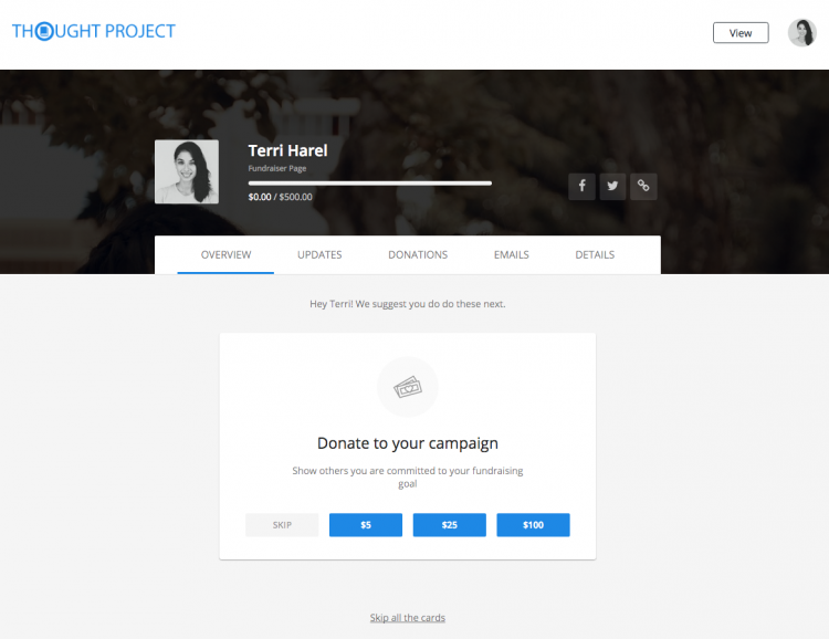 Here, the Fundraiser Dashboard encourages me to donate to my campaign.