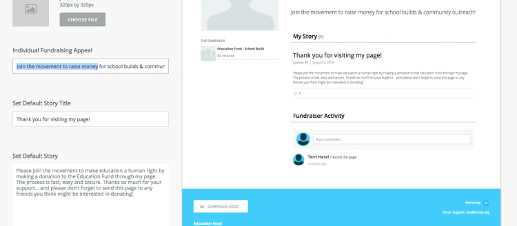 Setting a default appeal and story for an individual fundraiser. They can always personalize this after they sign up!