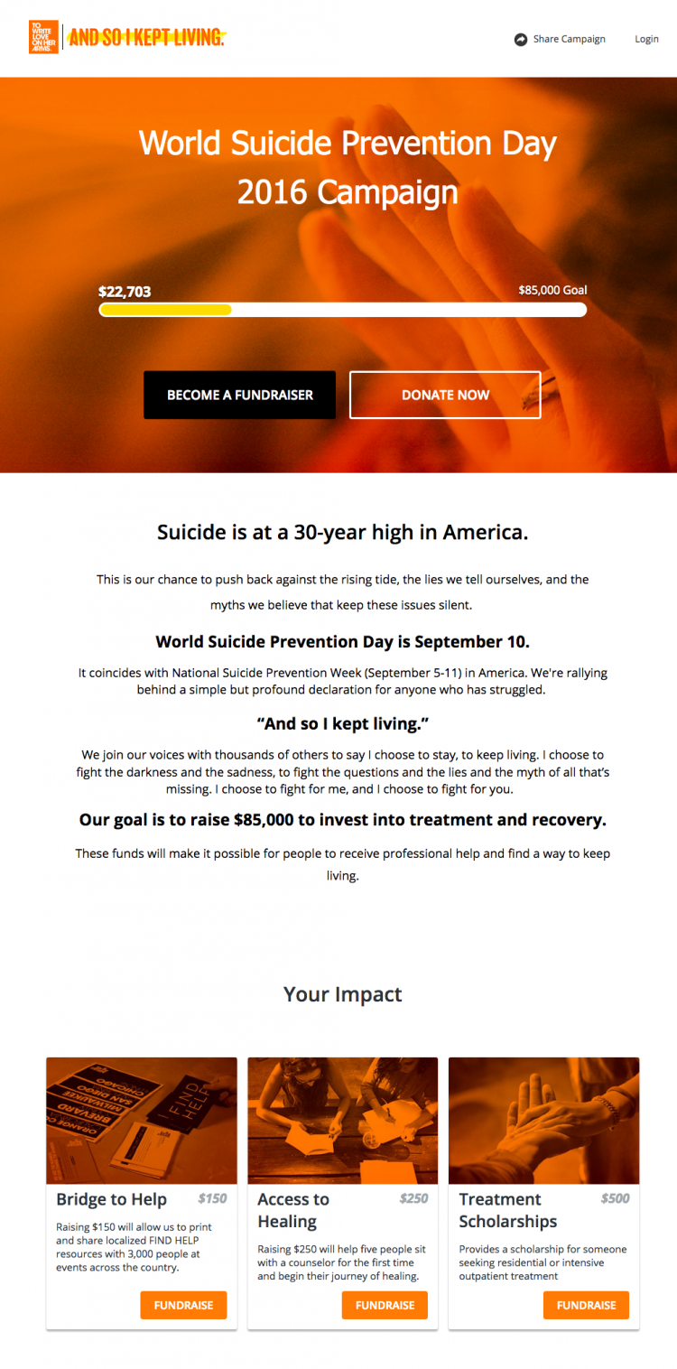 TWLOHA’s new Classy Peer-to-Peer Landing Page. Click to see the full page live.