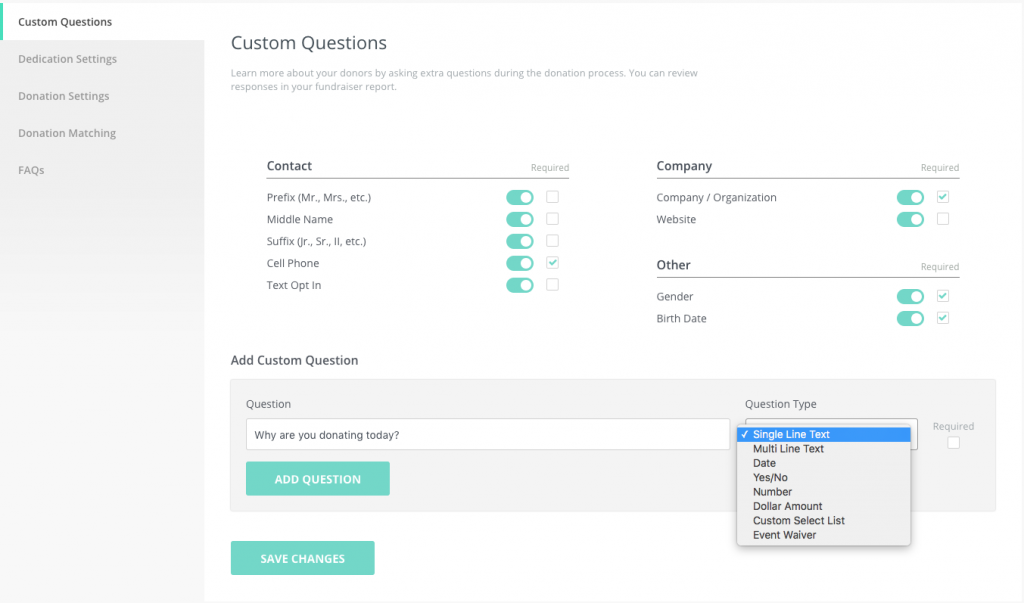 donation form custom questions