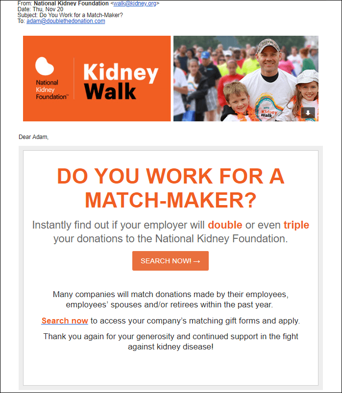 A matching gifts email campaign from the National Kidney Foundation.
