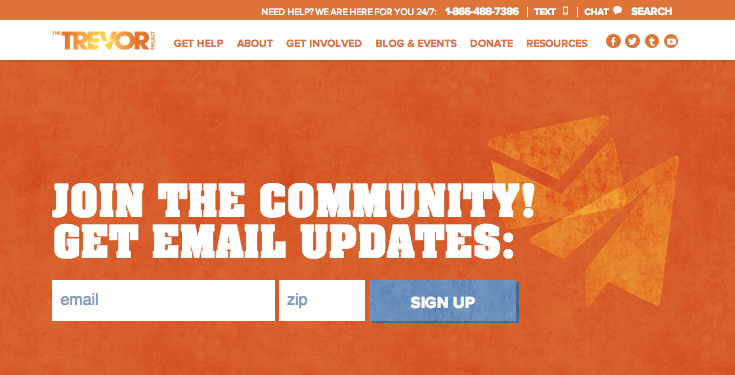Trevor Project Home Page Email Subscription