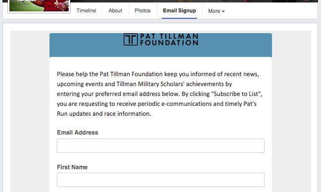 Pat Tillman Foundation Facebook Email Signup