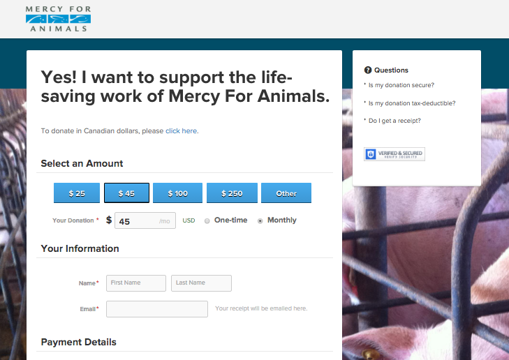 Mercy for Animals Donation Form, prepopulated with pass through parameters