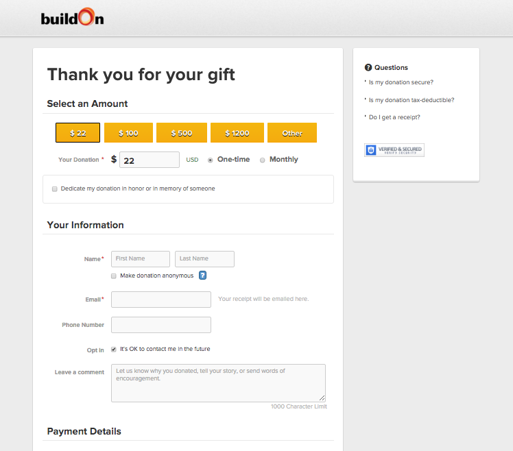 buildOn Donation Page with pass through parameters
